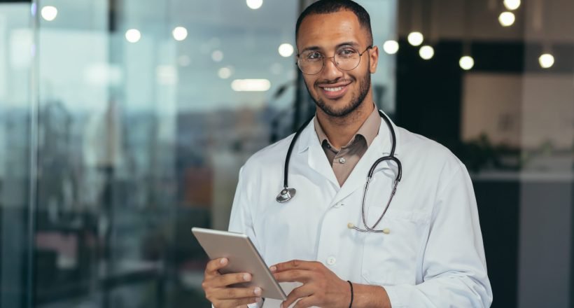 Portrait of happy and successful african american doctor man working inside office clinic holding tablet computer looking at camera and smiling wearing white coat with stethoscope.