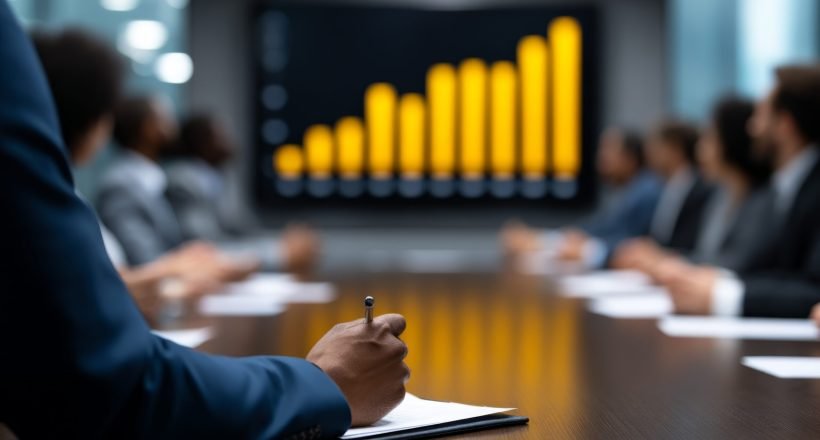 CEO Presenting Business Strategy and Revenue Growth Plan to Investors in Corporate Meeting with Financial Analysis and Sales Projections on Projector Screen