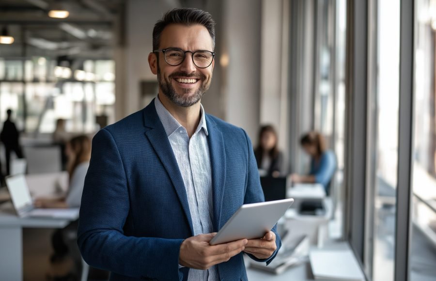 A man in a suit is smiling and holding a tablet. Other people are in the background