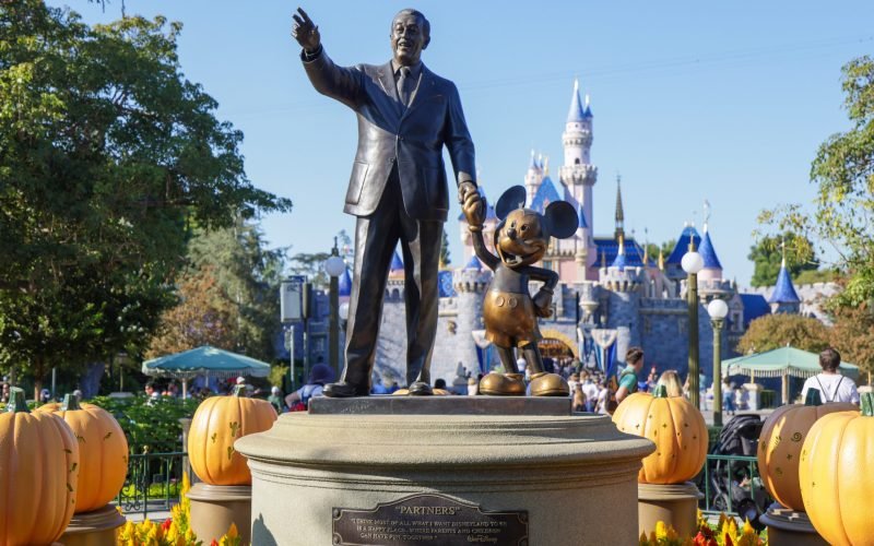 ANAHEIM, UNITED STATES - Oct 20, 2021: The Statue of Walt Disney and Mickey Mouse located in Disneyland, California